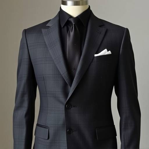 A charcoal grey bespoke suit with peak lapels and a clean, sharp silhouette, presented on a mannequin.