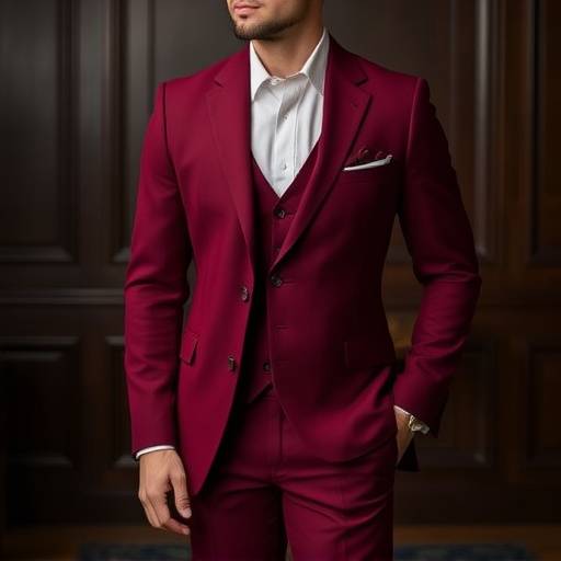 A rich burgundy bespoke suit with a single-breasted jacket and slim-fit trousers, exuding confidence and warmth.