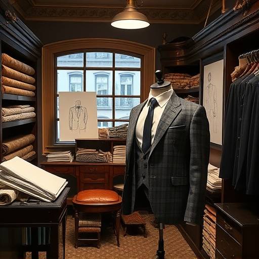 An elegant interior of a tailor's atelier with fabric rolls, sketches, and a mannequin displaying a partially finished suit.